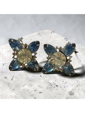 Vintage Rhinestone Blue & Clear Clip-On Earrings 1-Inch Formal Wedding Jewelry